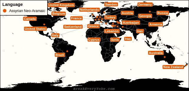 All countries where Assyrian Neo-Aramaic is a significant language