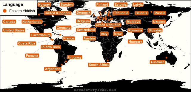 All countries where Eastern Yiddish is a significant language