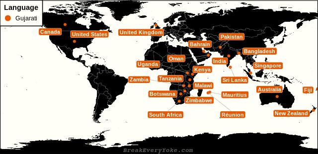 All countries where Gujarati is a significant language