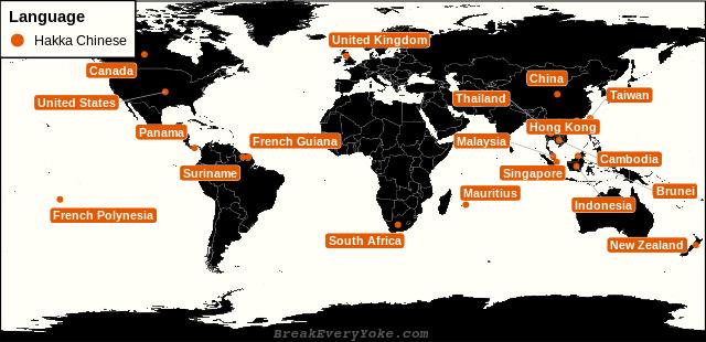 All countries where Hakka Chinese is a significant language