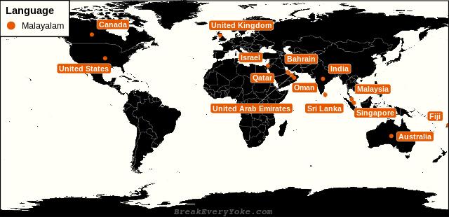 All countries where Malayalam is a significant language