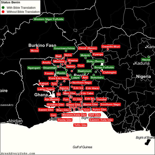 All languages with and without a free Bible Translation in Benin
