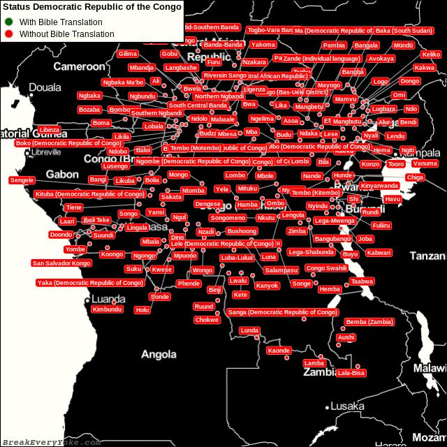 All languages with and without a free Bible Translation in Democratic Republic of the Congo