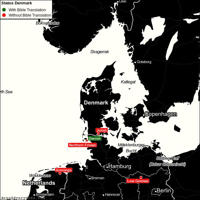 All languages with and without a free Bible Translation in Denmark