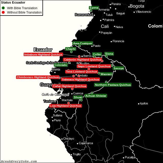 All languages with and without a free Bible Translation in Ecuador
