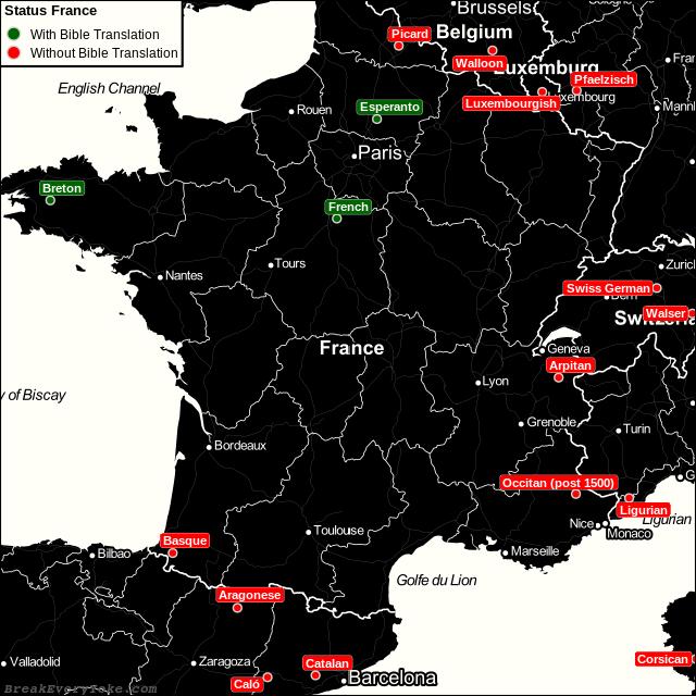 All languages with and without a free Bible Translation in France
