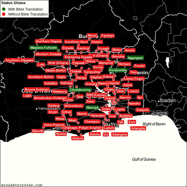 All languages with and without a free Bible Translation in Ghana