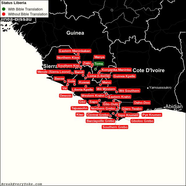 All languages with and without a free Bible Translation in Liberia