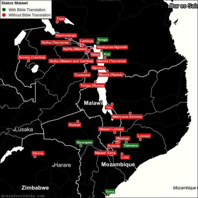 All languages with and without a free Bible Translation in Malawi