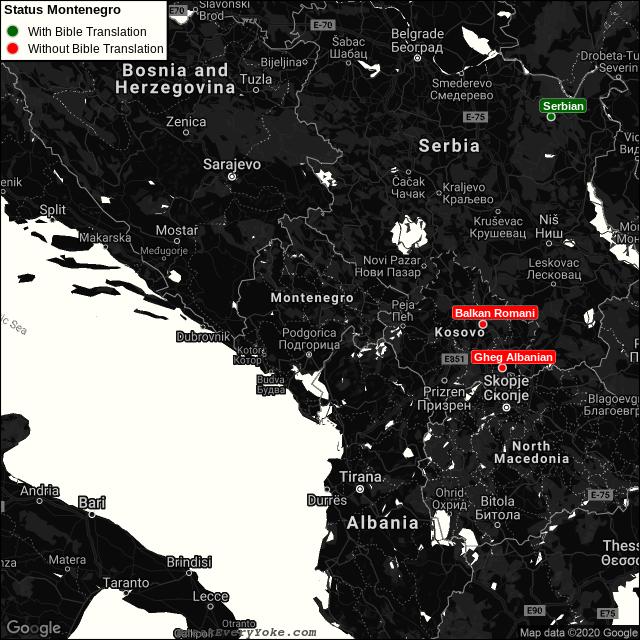 All languages with and without a free Bible Translation in Montenegro