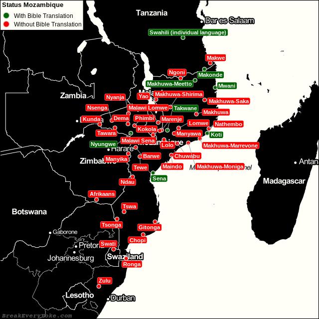 All languages with and without a free Bible Translation in Mozambique