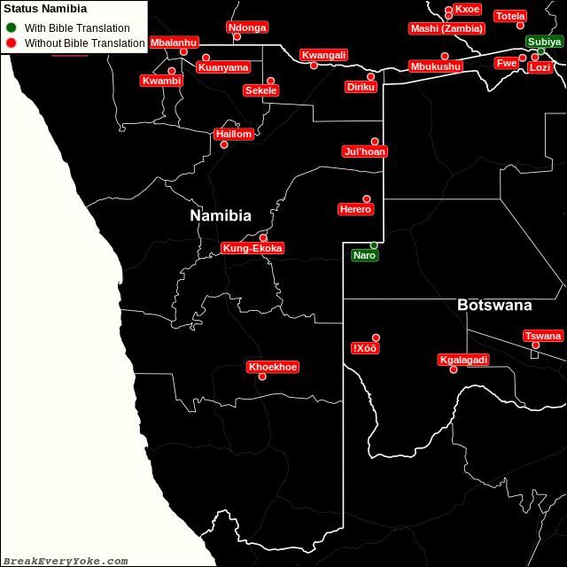 All languages with and without a free Bible Translation in Namibia