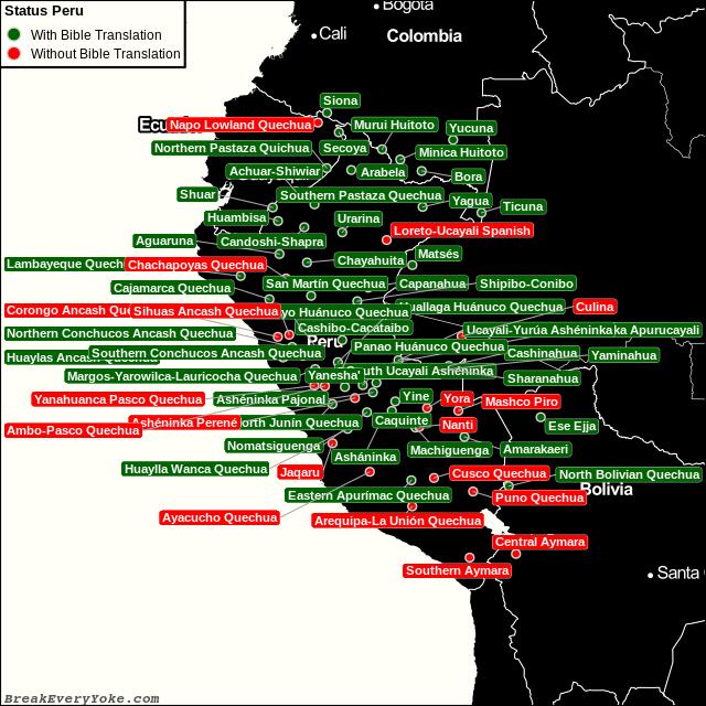 All languages with and without a free Bible Translation in Peru
