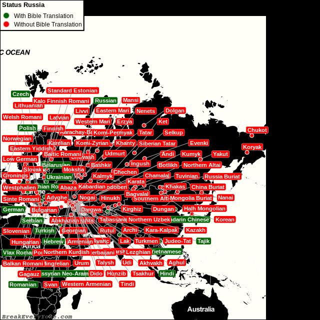 All languages with and without a free Bible Translation in Russia