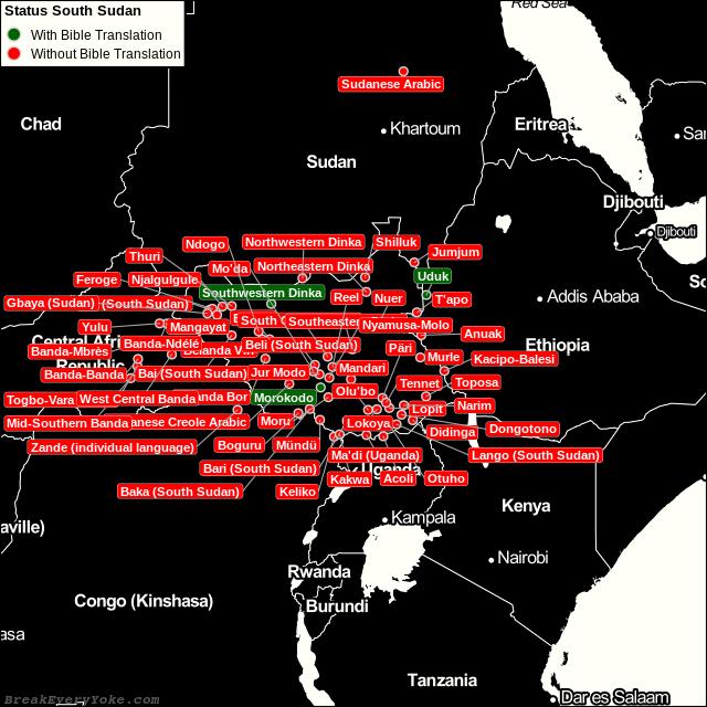 All languages with and without a free Bible Translation in South Sudan