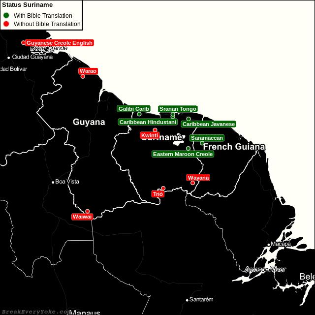 All languages with and without a free Bible Translation in Suriname