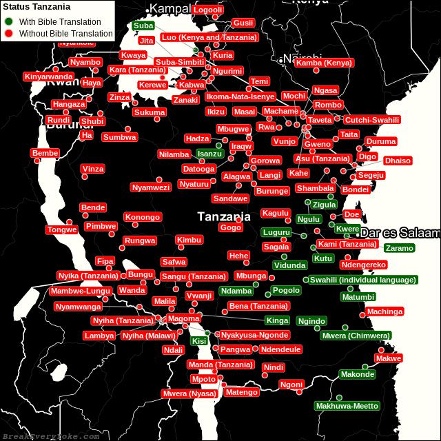 All languages with and without a free Bible Translation in Tanzania