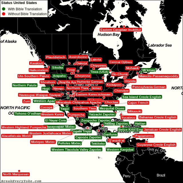 All languages with and without a free Bible Translation in the United States