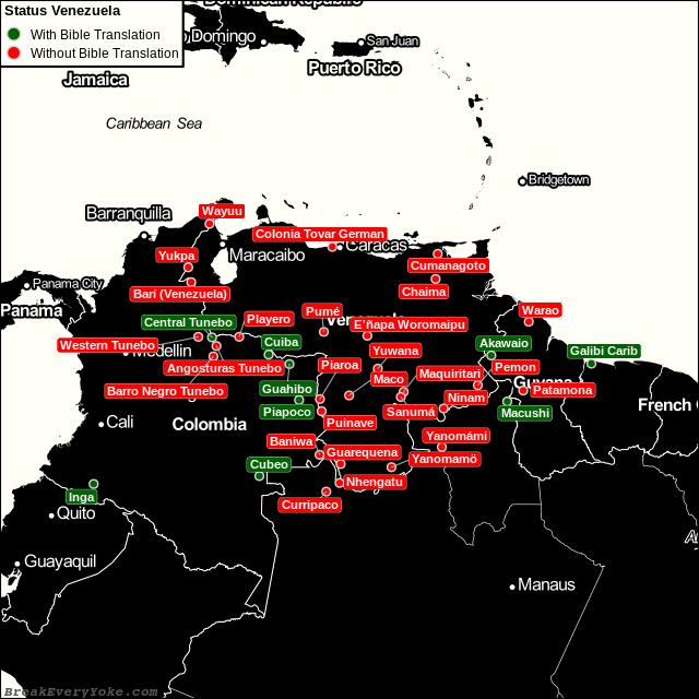 All languages with and without a free Bible Translation in Venezuela